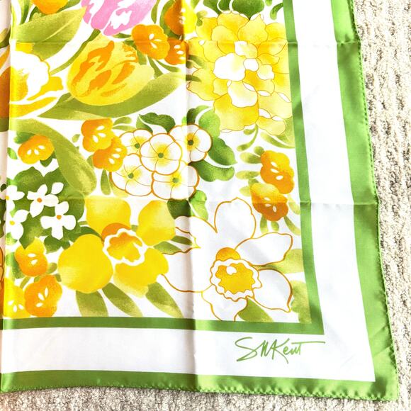 SM Kent for Avon scarf silky 27" square green yellow white springtime summer - Picture 2 of 7